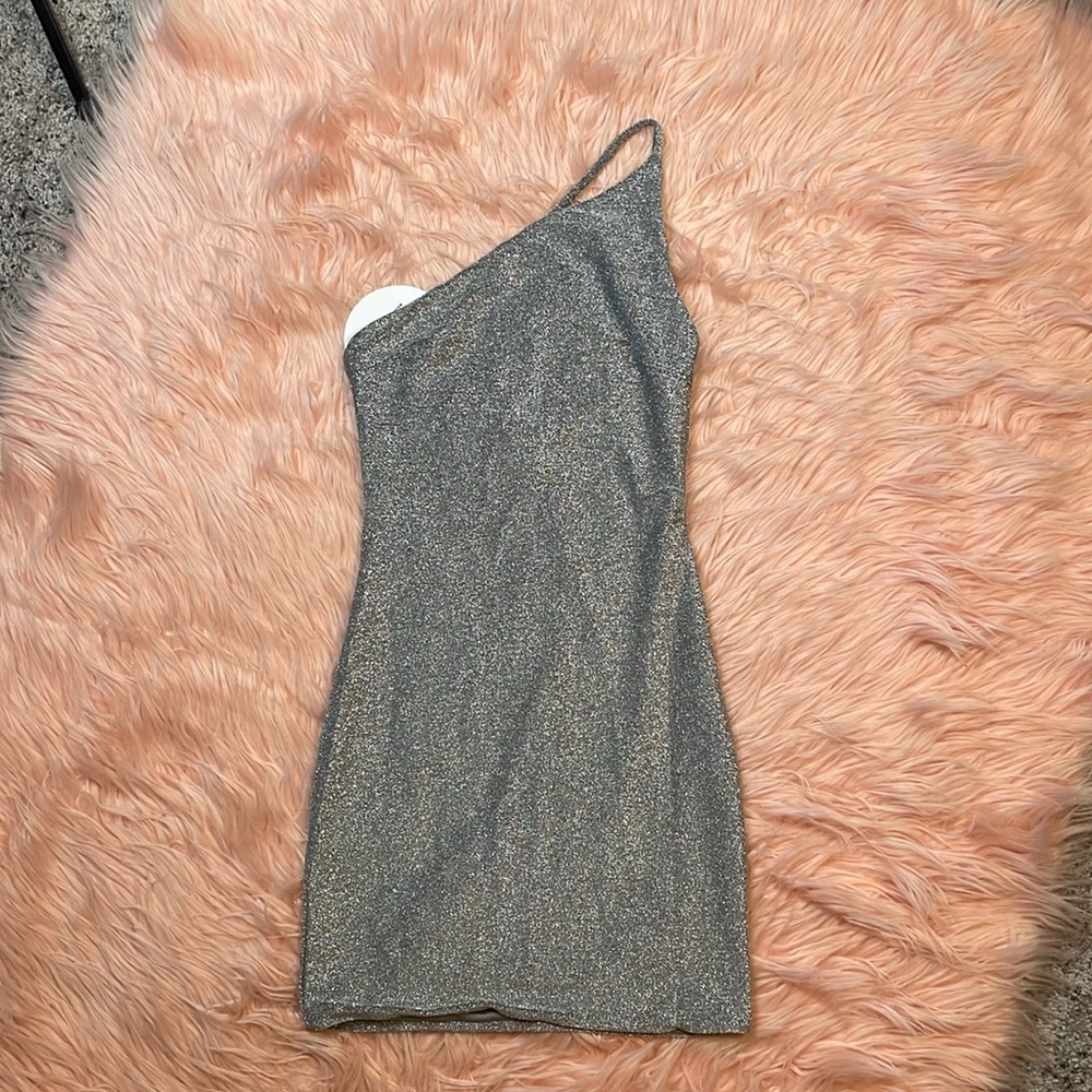 NWT Princess Polly Silver Sparkle Vee One Strap Bodycon Mini Dress Size 0